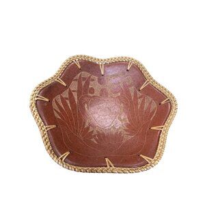 Jamaica Hand Made Etched Turtle Rattan Rim Terra Ceramic Bowl SKU 9598